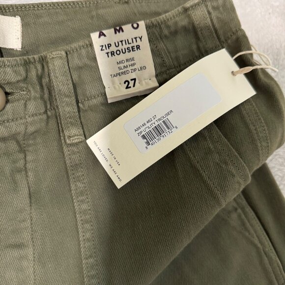 Amo Zip Utility Trouser Mid Rise Slim Fit Tapered Leg Size 27 Sage Green Cotton - Picture 6 of 16